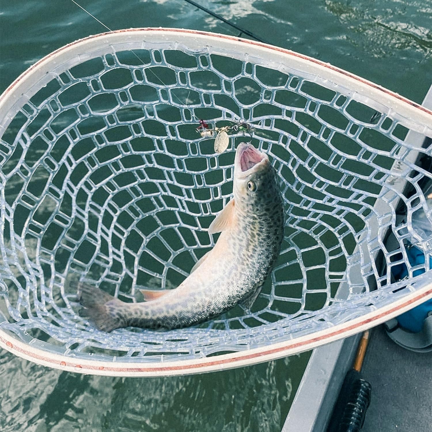 RHINR fly fishing net with clear rubberized material protects fish.