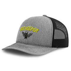 Front view of Richardson Trucker Hat with Bee Keeper Honey Farmer embroidery