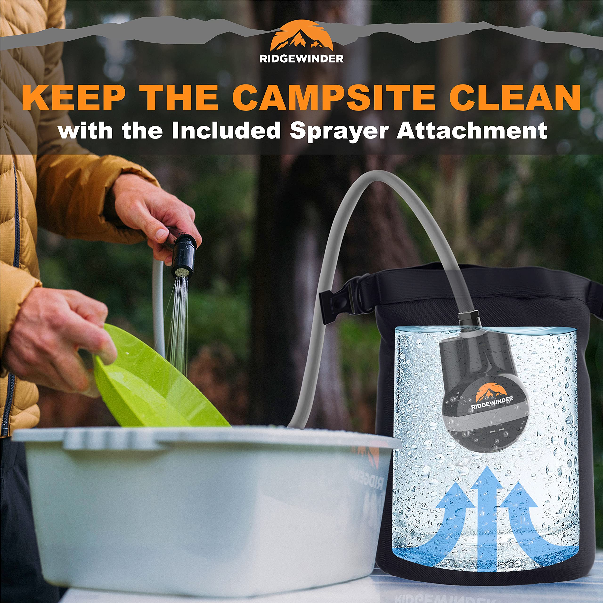 ridgewinder rechargeable battery powers the shower for flexible camping use