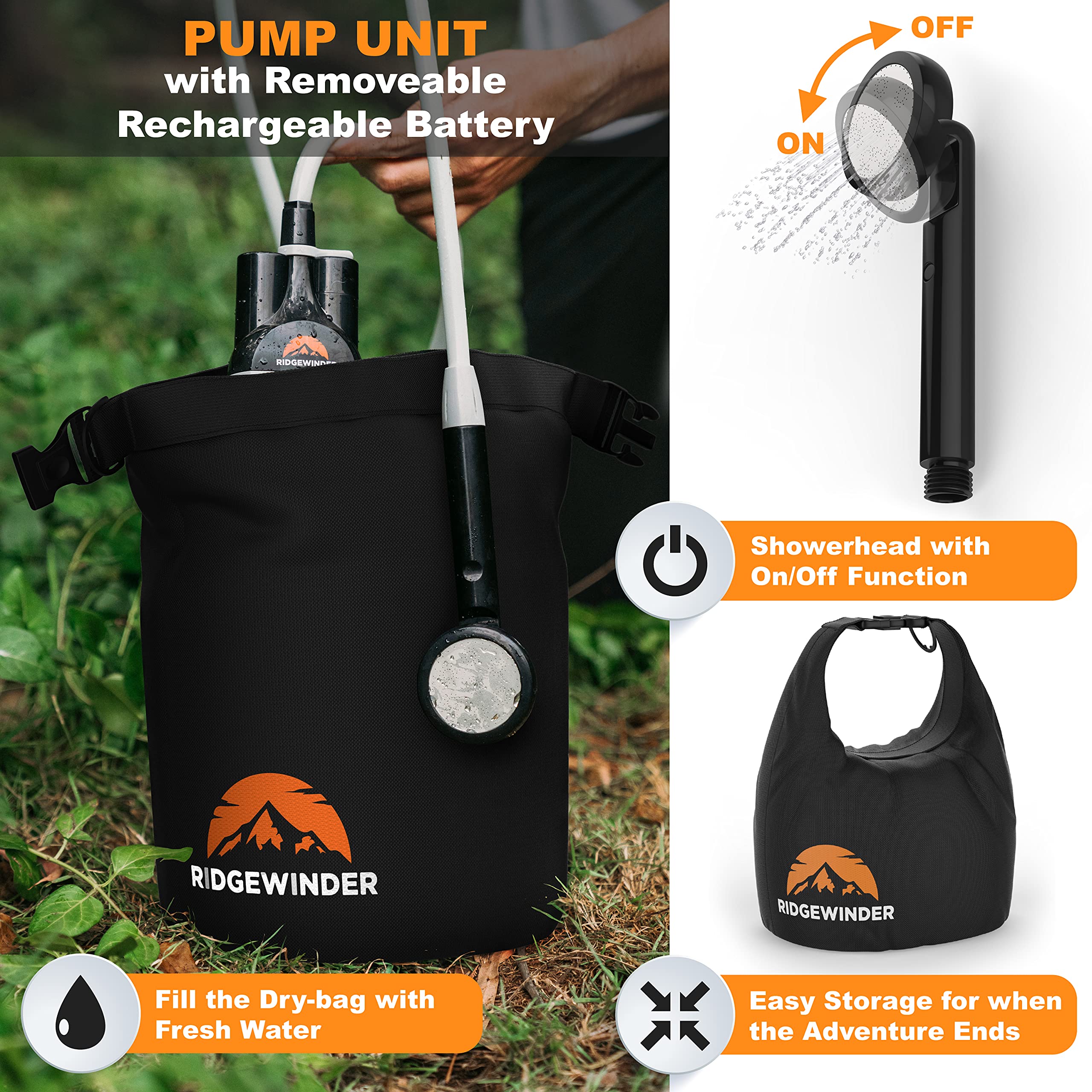 ridgewinder camping shower with dry bag ready for easy water storage