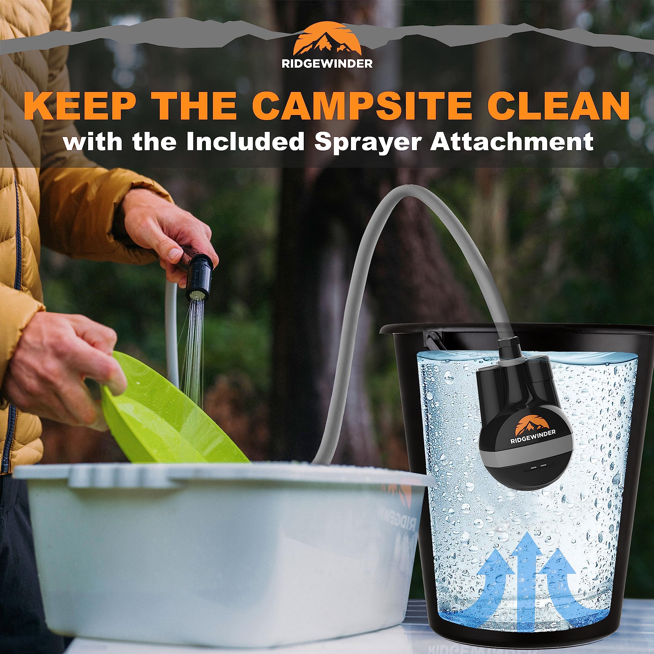 Ridgewinder portable shower battery-compartment image demonstrates simple USB charging compatibility.