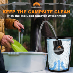 Ridgewinder portable shower battery-compartment image demonstrates simple USB charging compatibility.