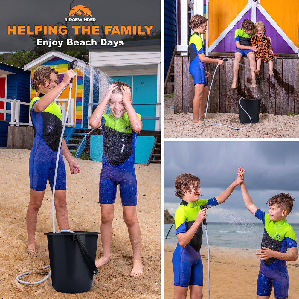 Ridgewinder portable shower on-off control emphasizes water-saving convenience at campsites.