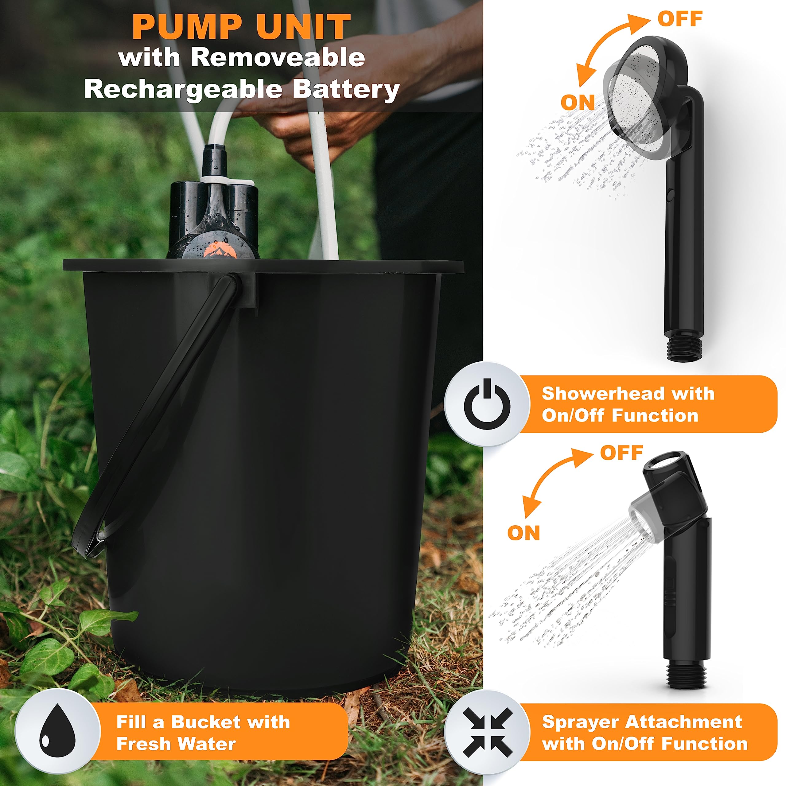 Ridgewinder portable shower rainfall head highlights refreshing flow for nature rinses.