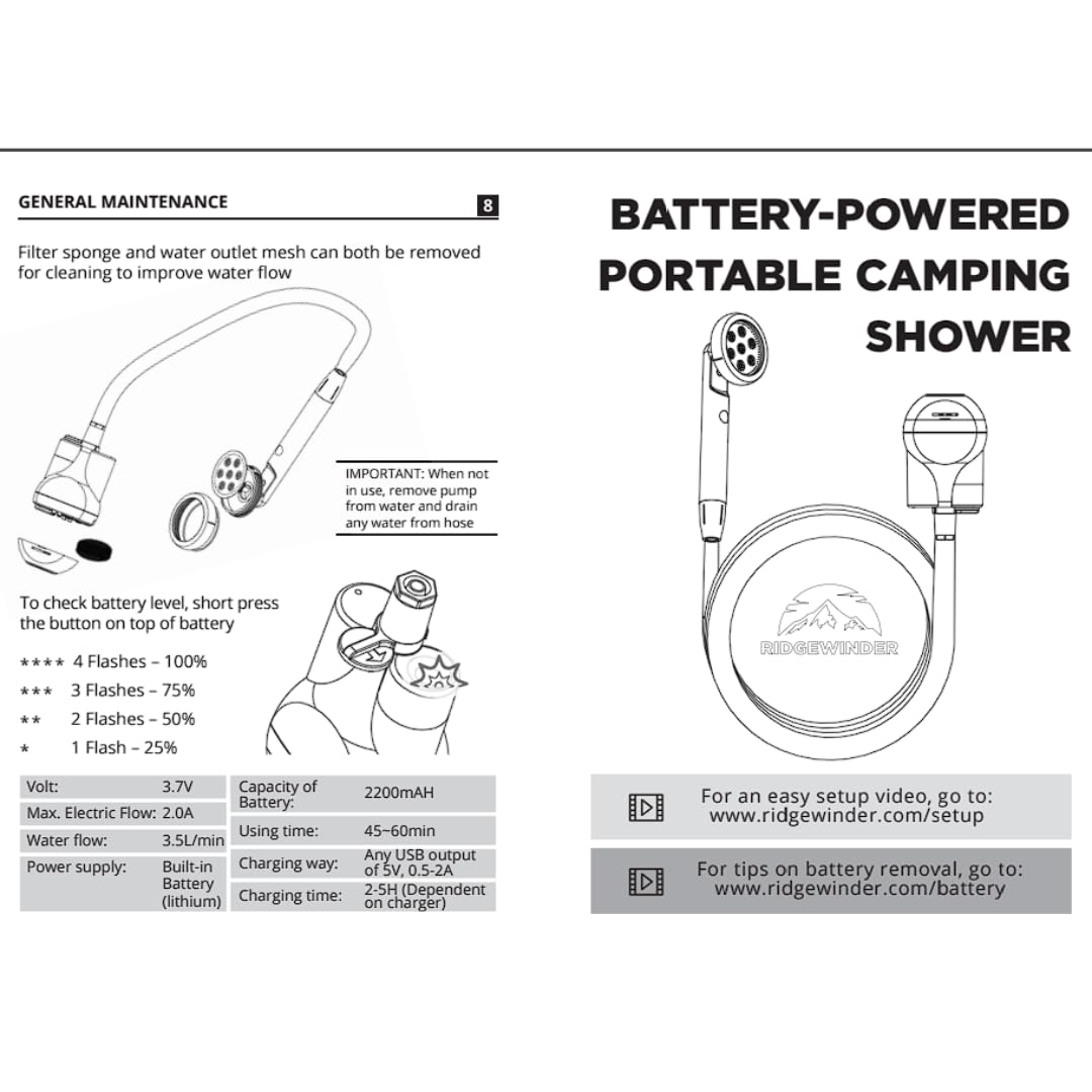 Ridgewinder portable shower USB-charging reveals flexible on-the-go power options.