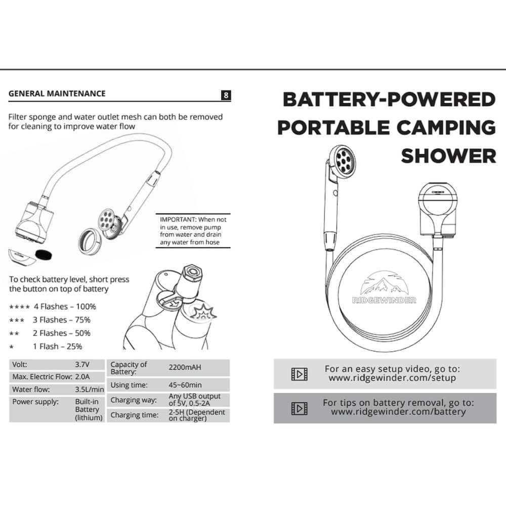 Ridgewinder portable shower USB-charging reveals flexible on-the-go power options.