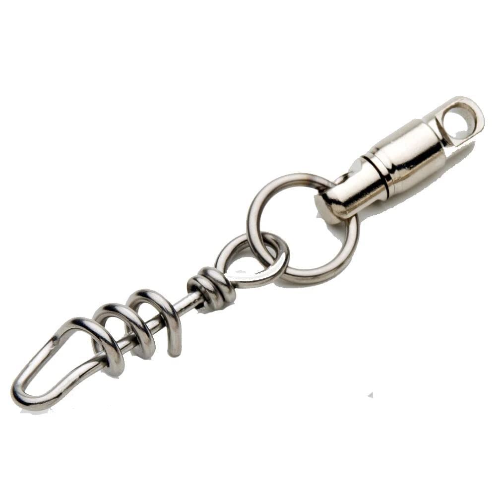 Riffe 550lb ball bearing pigtail swivel enhances line management during spearfishing dives.