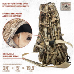 Rig'Em Right Bully Bird blind shows 19-inch peak for comfortable dog viewing.