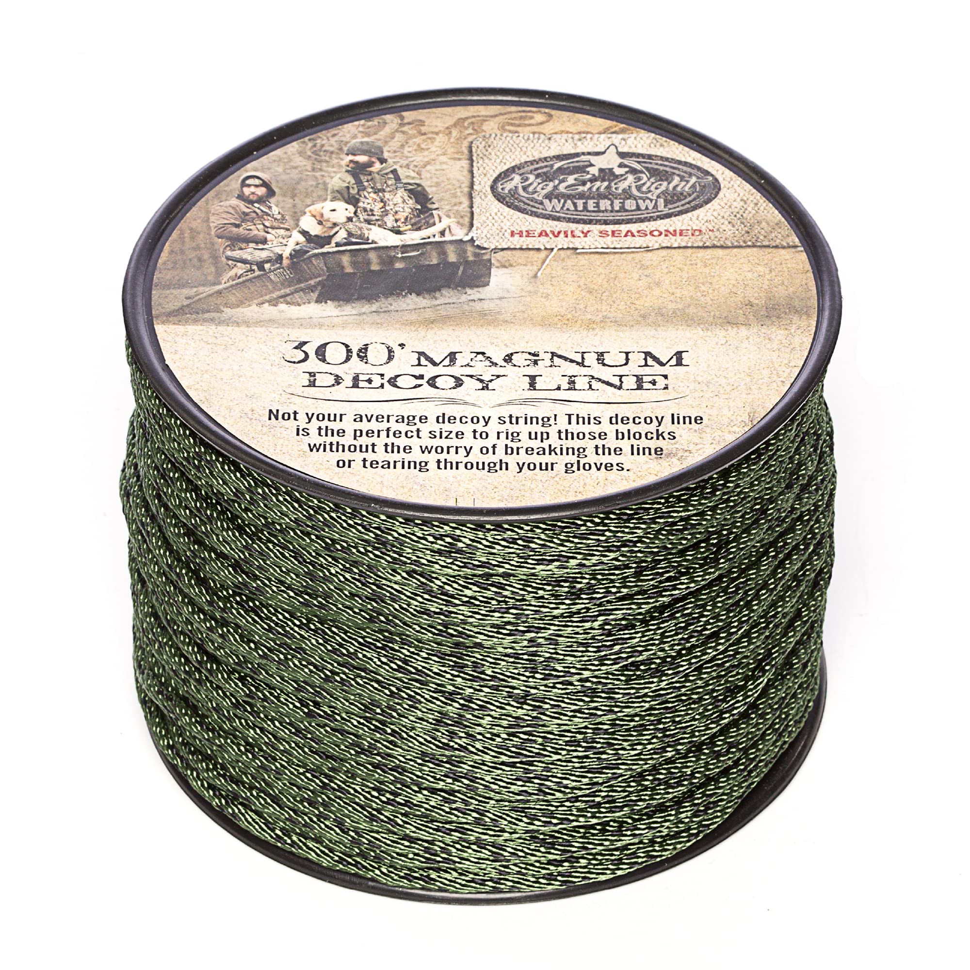 Rig'Em Right dark green Magnum decoy line on a 100ft spool, durable for field setups.
