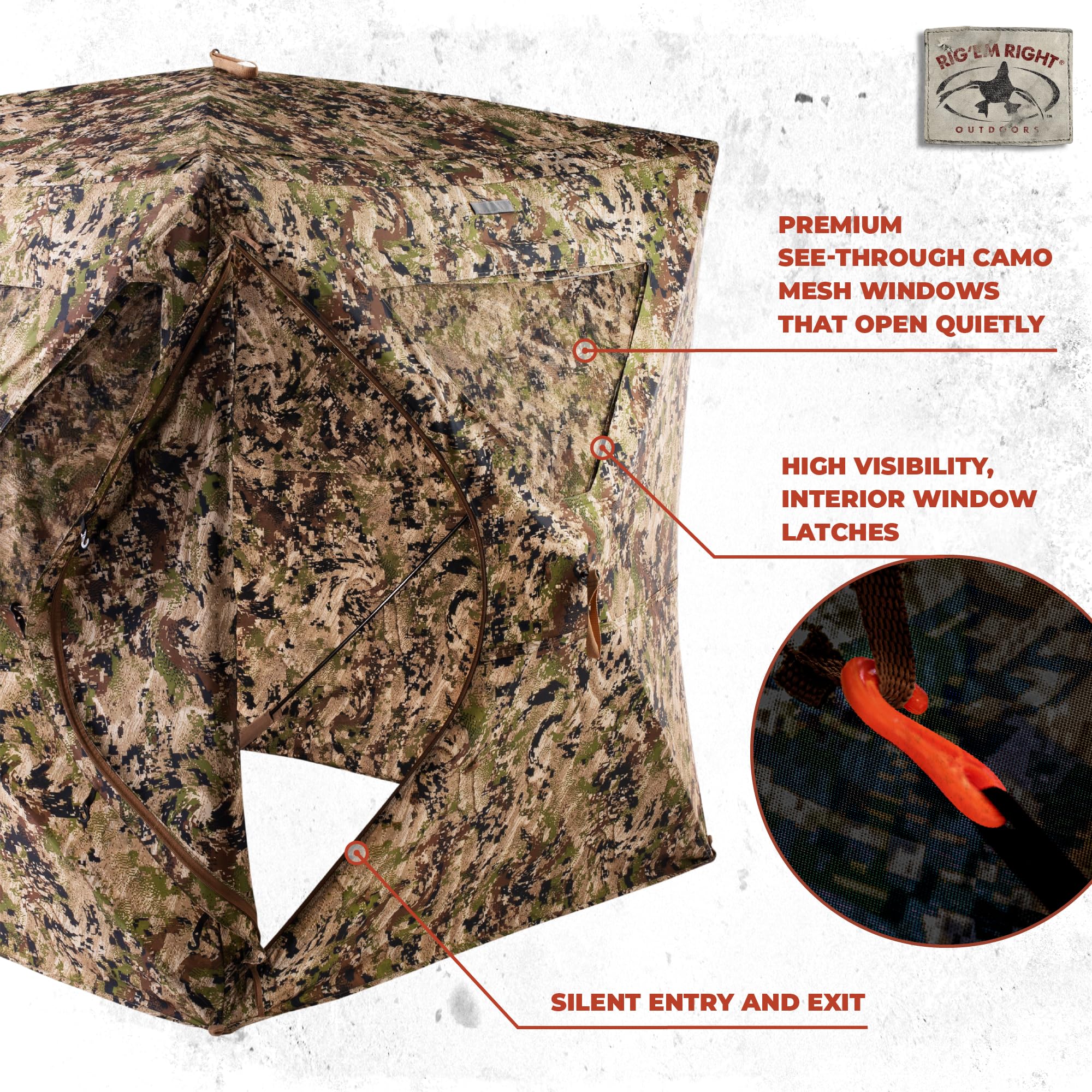 Rig'Em Right HydeOut XL blind Subalpine camo close-up enhances concealment and flexibility.