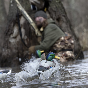 Rig'Em Right jerk rig in use on decoys creating lifelike motion for close-range waterfowl.