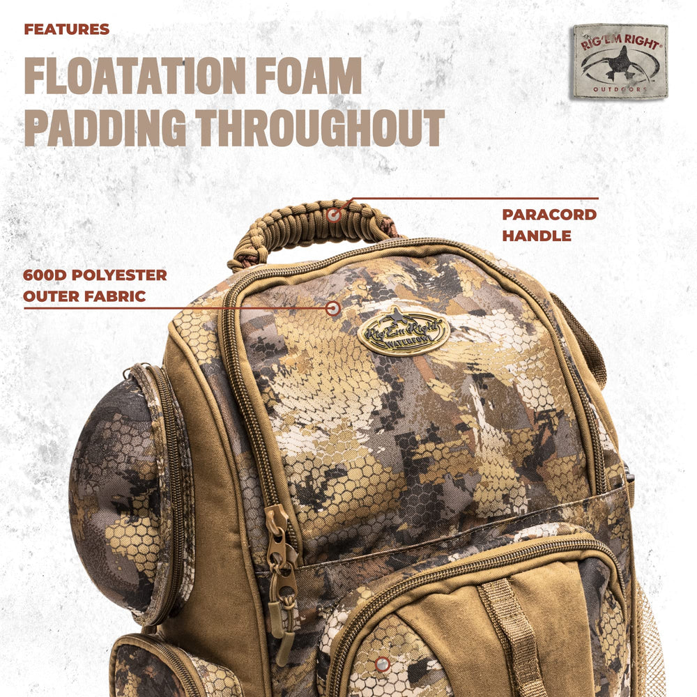 Rig'Em Right Lowdown Floating Backpack Optifade Timber side view shows integrated game totes and attachment points.