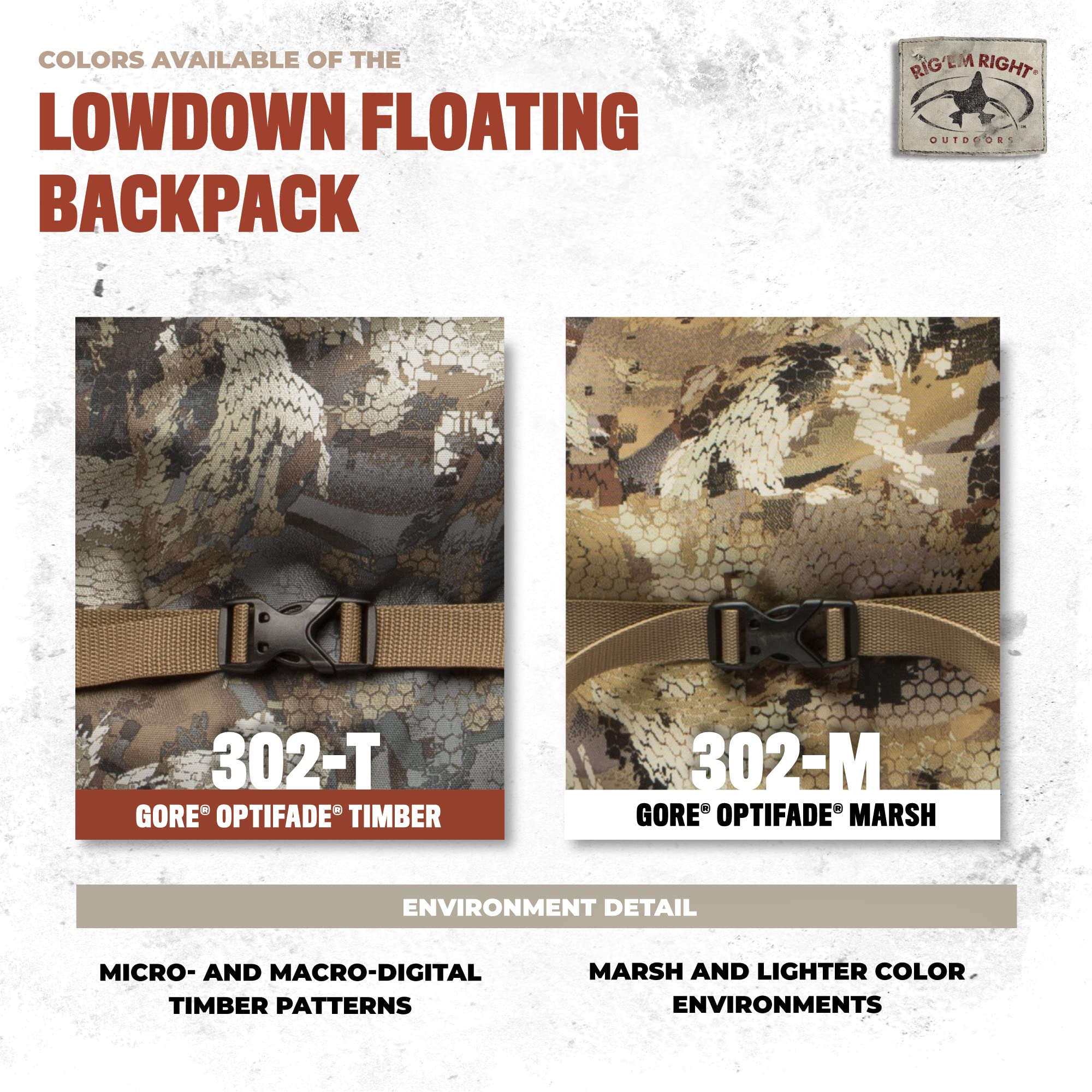 Rig'Em Right Lowdown Floating Backpack Optifade Timber side handle with daisy-chain for anchor clips.