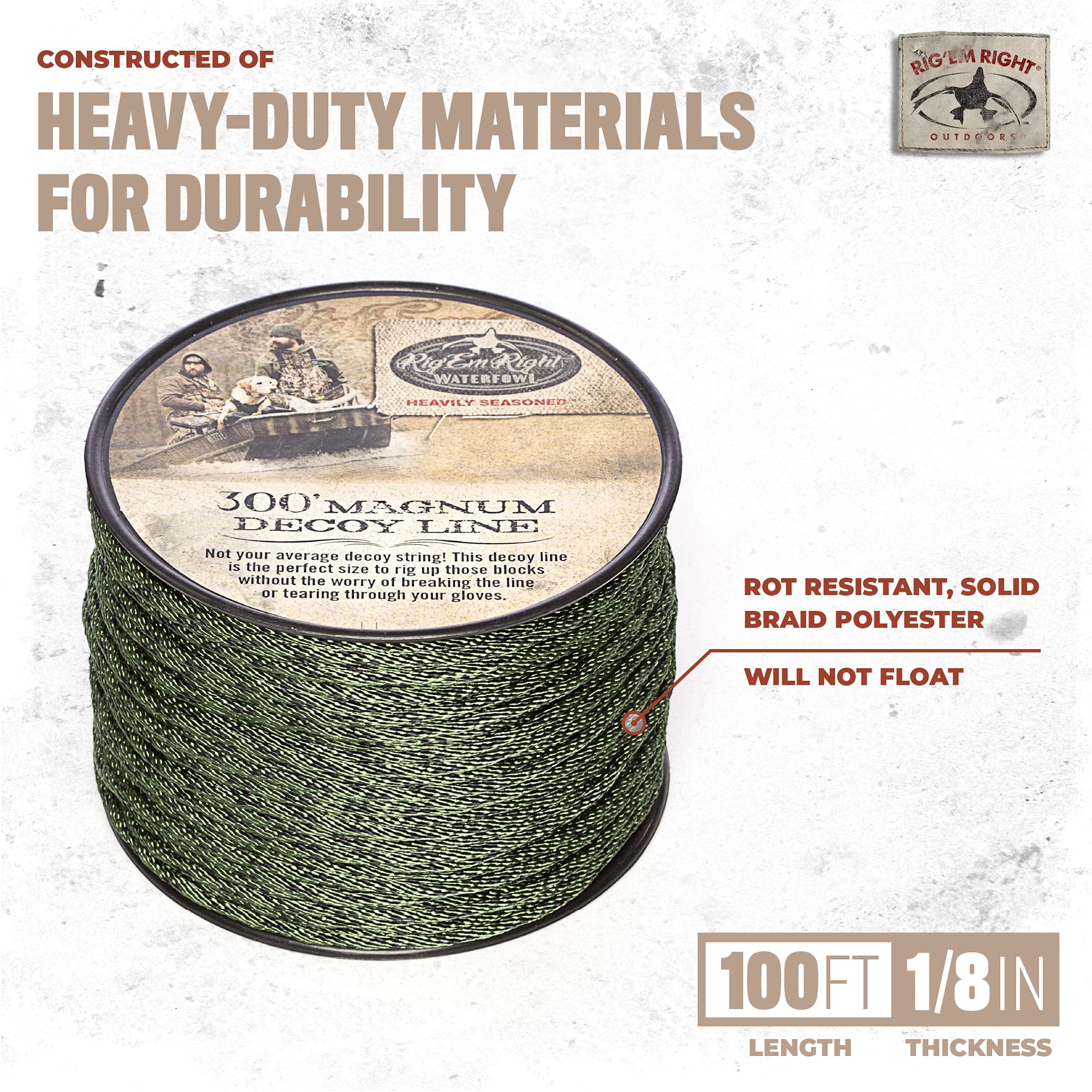 Rig'Em Right one-eighth-inch braided decoy line closeup highlights tough, rot-resistant construction.