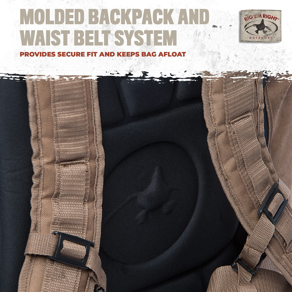 Rig'Em Right Recon decoy bag features waist belt for secure, stable carry during brisk decoy setups.