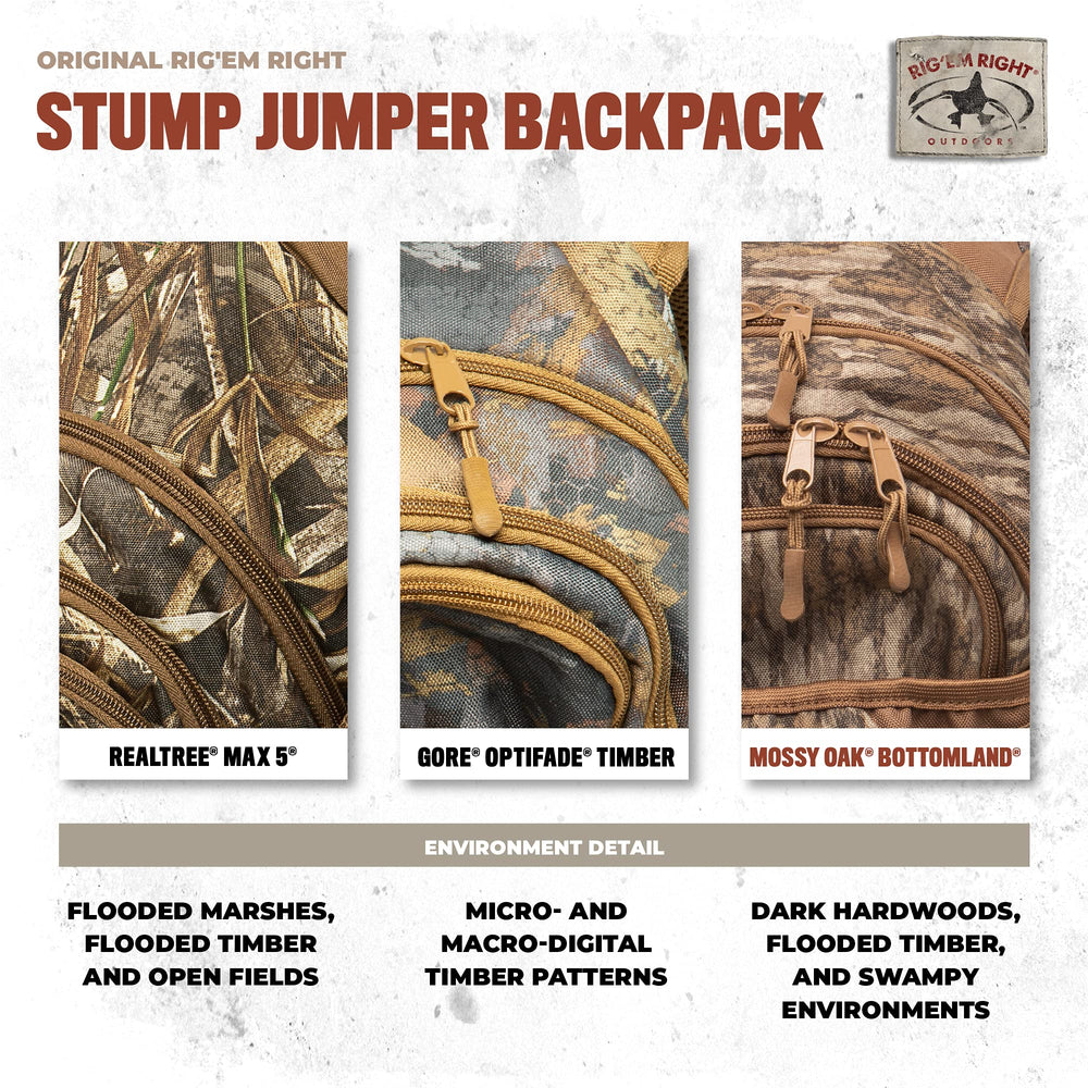 Rig Em Right Stump Jumper in-use forest hunting scene demonstrates practical gear setup.