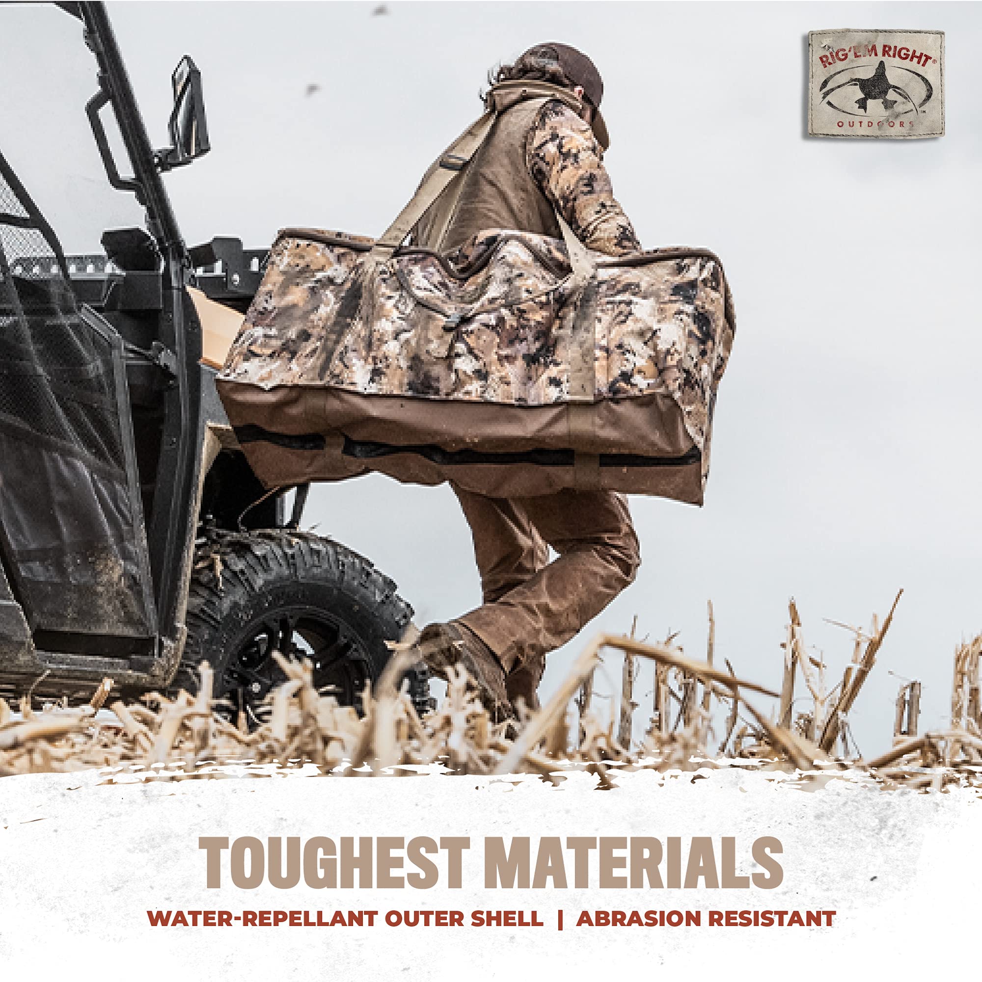 Rig'Em Right bag front expandable pocket for stakes and gear.