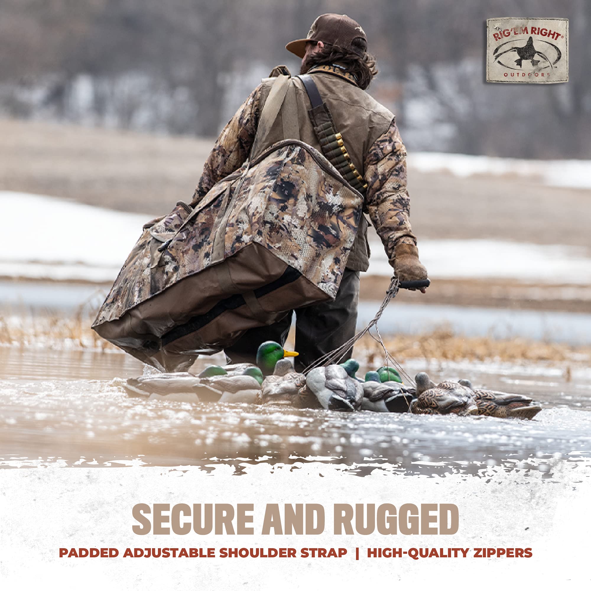 Rig'Em Right 12-slot bag in Gore Optifade Timber camo blends into timber cover.