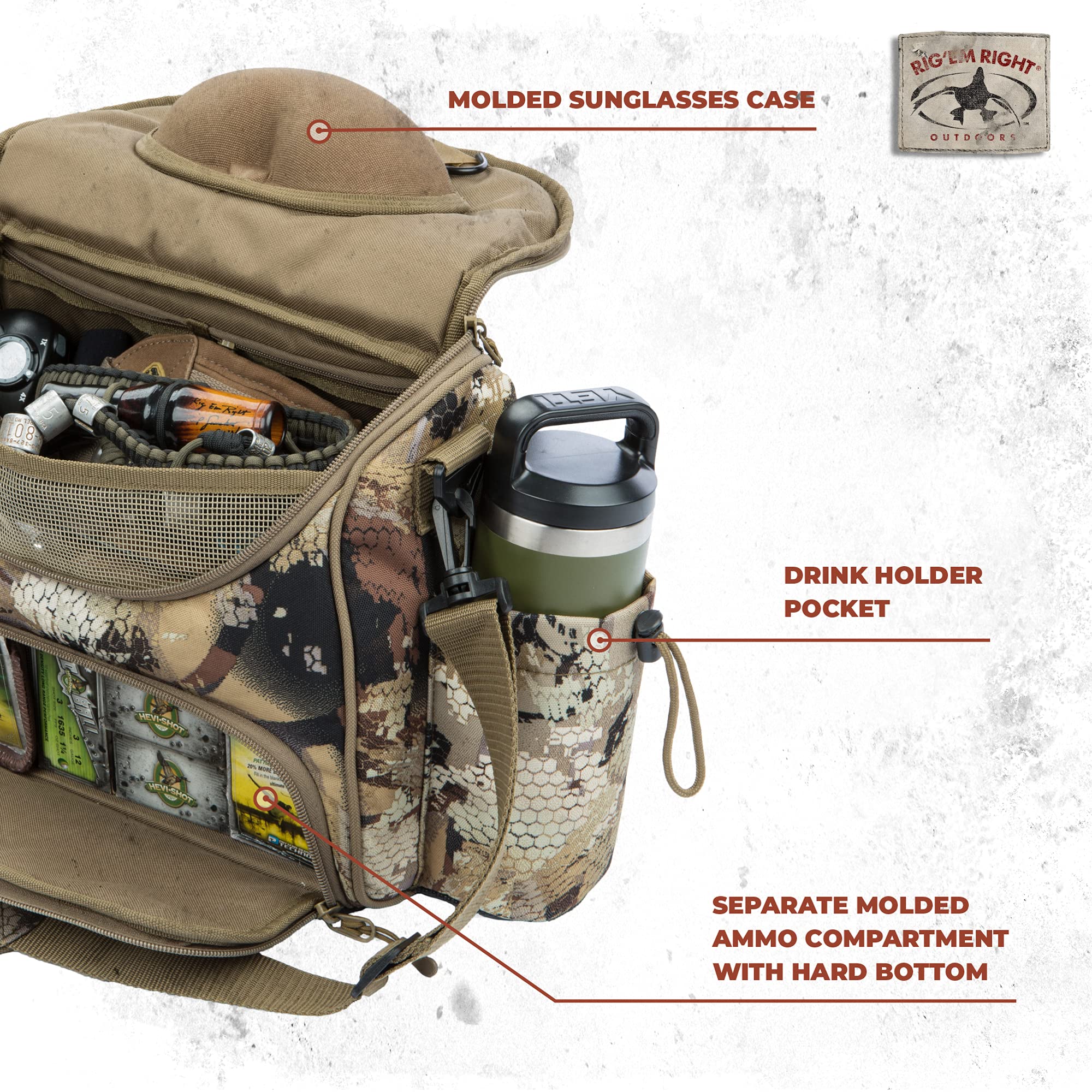 Rig Em Right waterfowl bag main compartment stores essentials securely.