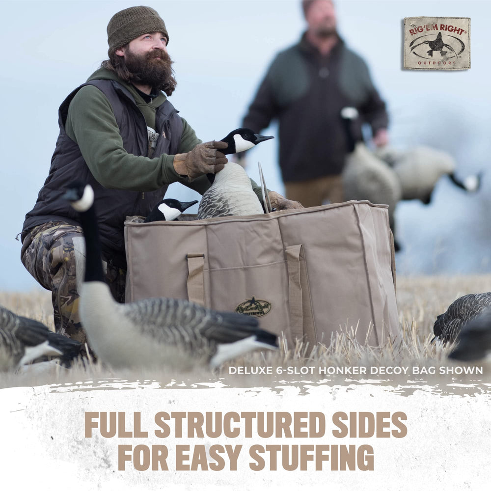 Rig Em Right Waterfowl Deluxe bag, brown finish, durable storage for decoys during hunts.