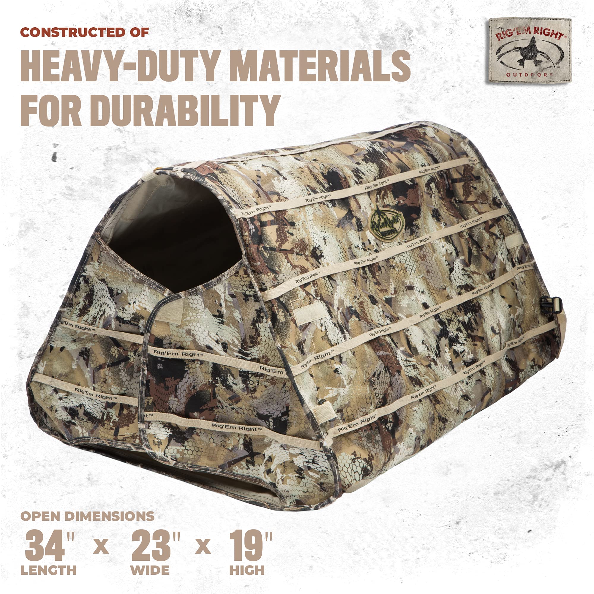 Rig'Em Right waterfowl dog blind camo blends with marsh grasses for discreet hunting.