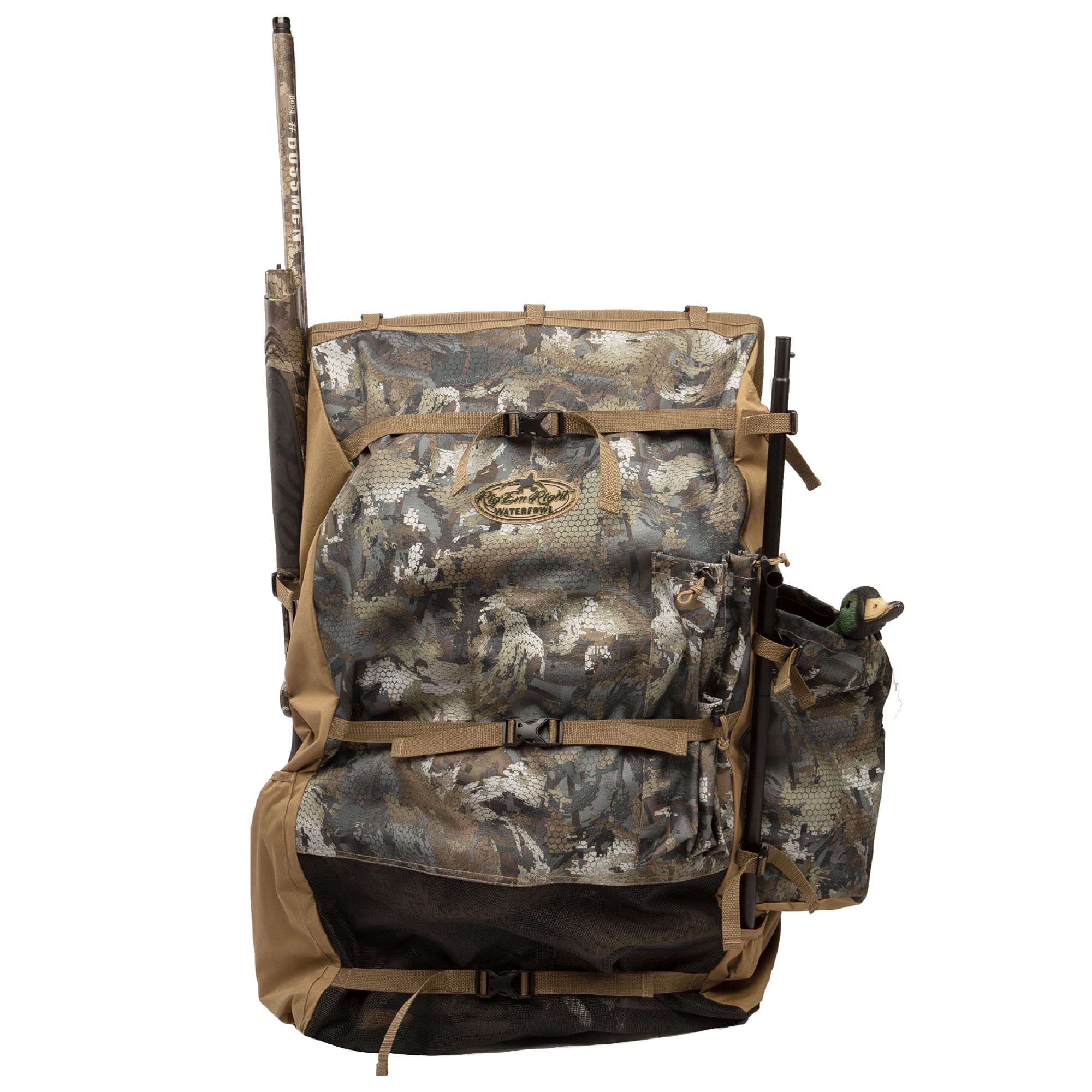 Rig Em Right Waterfowl Refuge Runner backpack front view highlighting ergonomic backrest for all-day hunts.