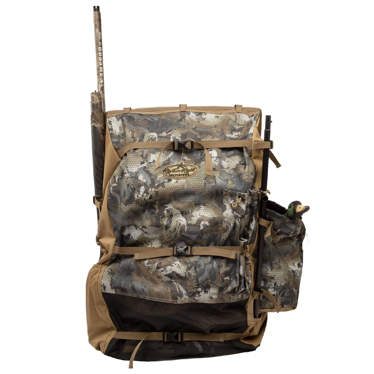 Rig Em Right Waterfowl Refuge Runner backpack front view highlighting ergonomic backrest for all-day hunts.