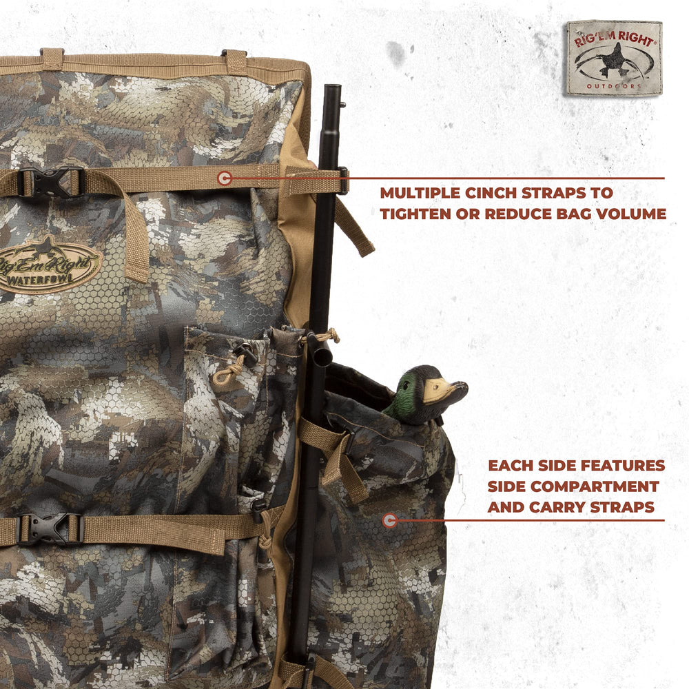 Rig Em Right Waterfowl Refuge Runner strap system highlighting secure fit for rugged marsh terrain.