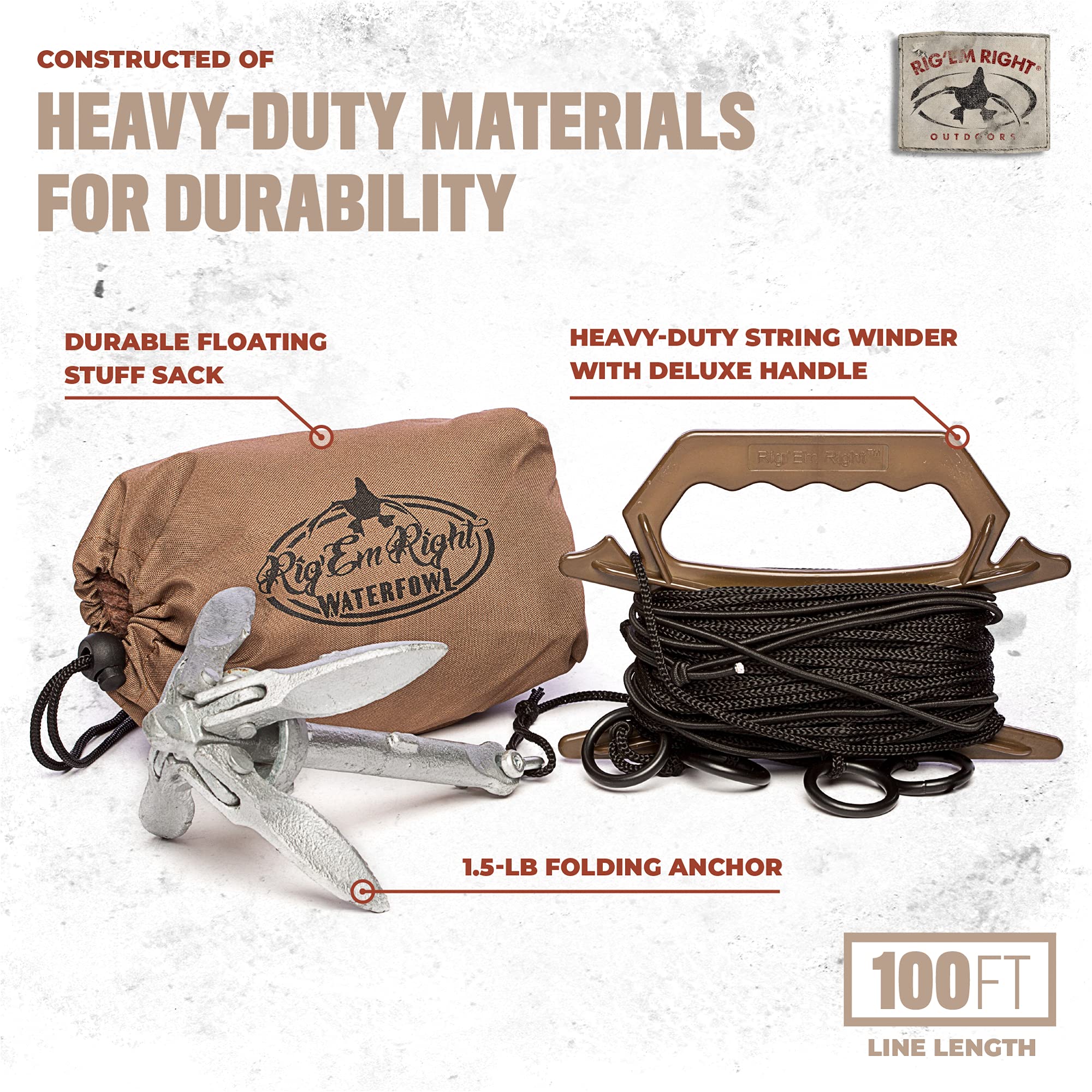Rig Em Right waterfowl step-up jerk rig heavy-duty rope emphasizes durable mainline for tough marsh conditions.