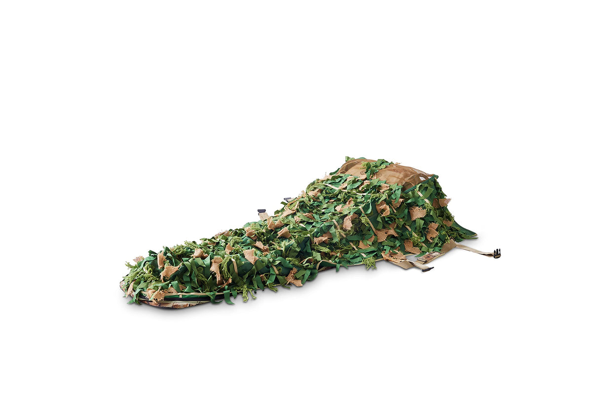 Rig Em Right Waterfowl Xtreme ghillie layout blind green cover blends into green fields for effective field camouflage.