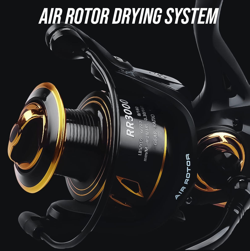Rigged & Ready RR 3000 spin reel lightweight graphite body supports long trips.