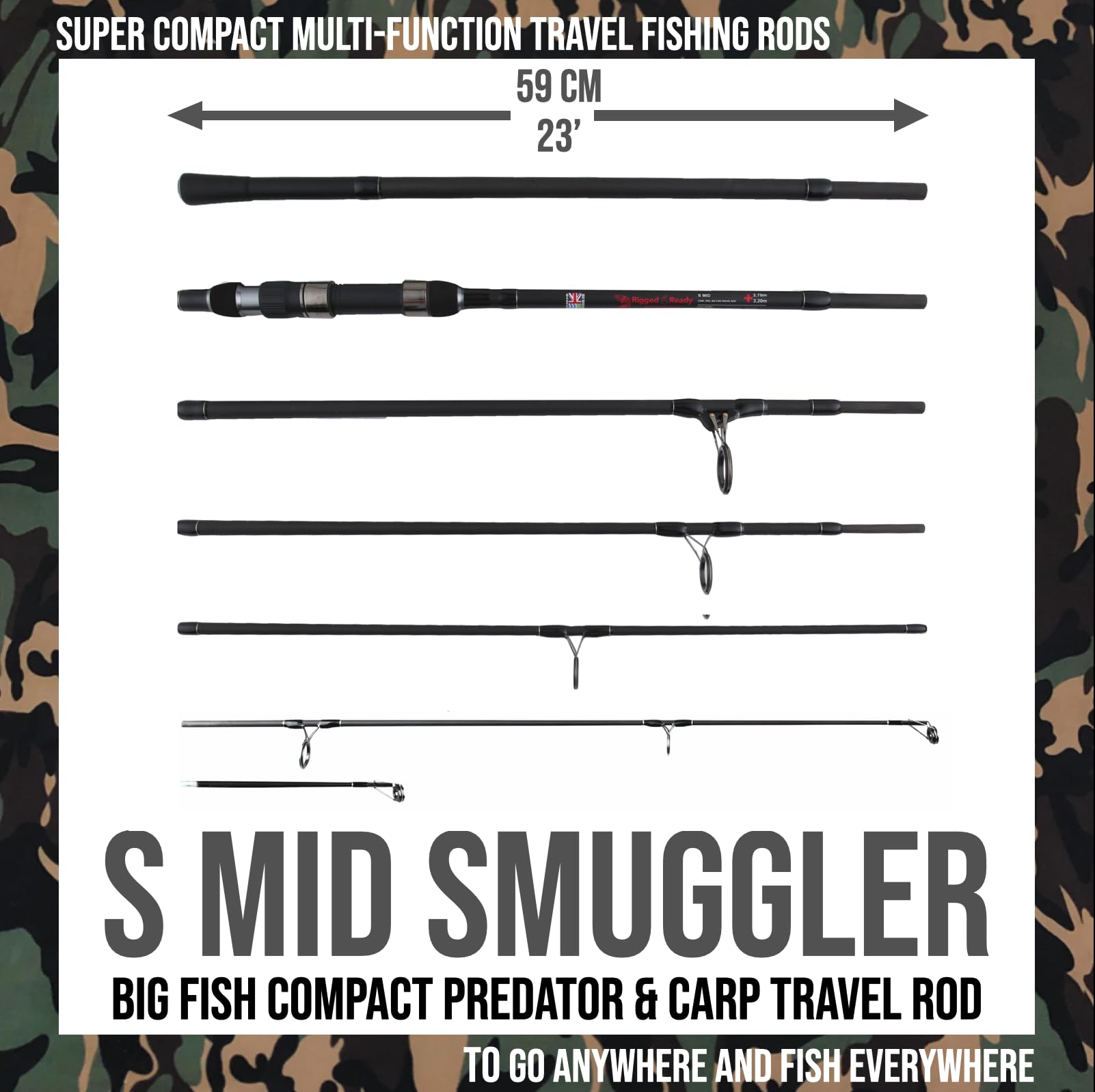 Rigged & Ready S Mid Smuggler 270cm rod designed for compact travel and versatile waters.