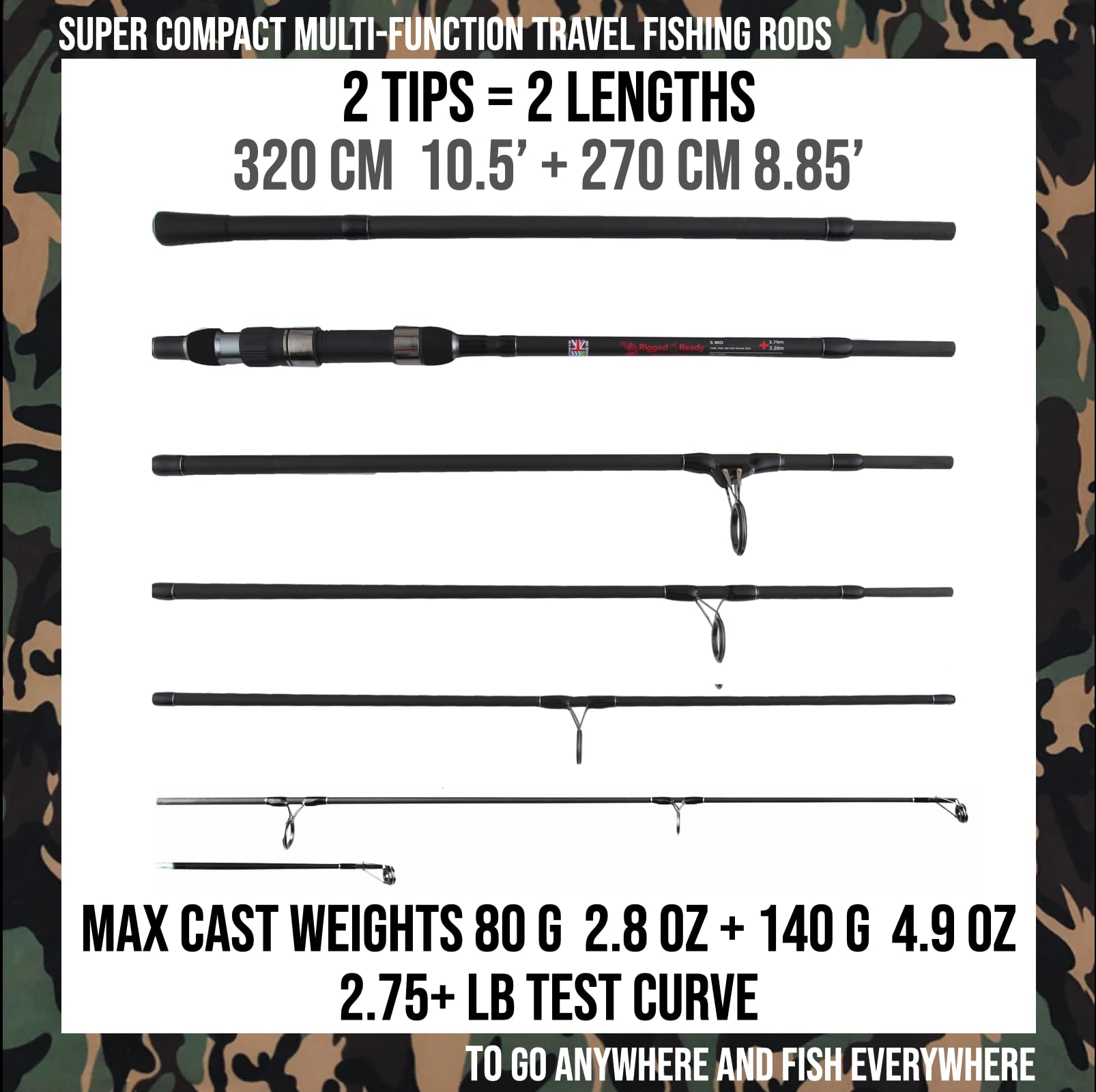 Rigged & Ready protective case keeps the hi-carbon travel rod secure during transit.