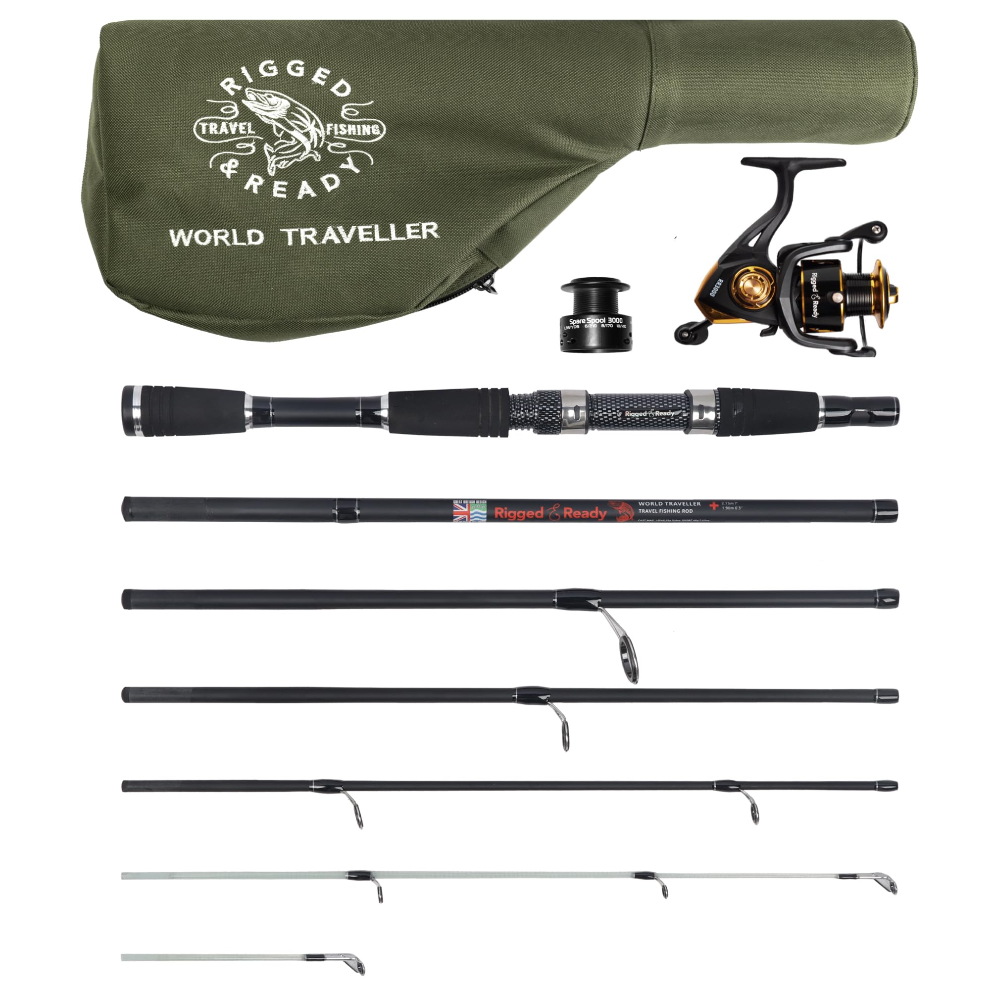 Rigged & Ready World Traveller rod-blank shows compact carbon blend for travel-friendly performance.