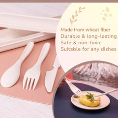 Rightitem kids cutlery close-up shows colorful ergonomic fork, spoon, and knife for small hands