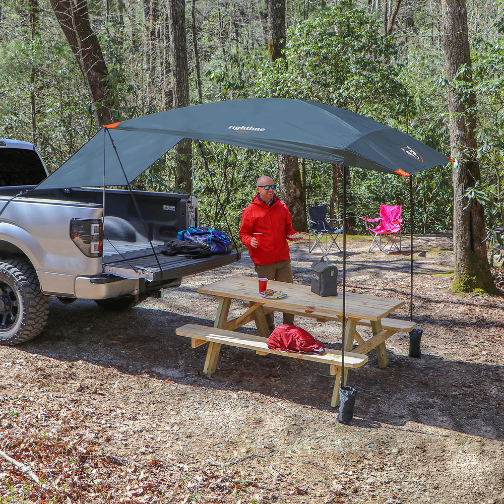 Rightline Gear portable-camp-canopy-blue-setup highlights quick, transportable shelter.