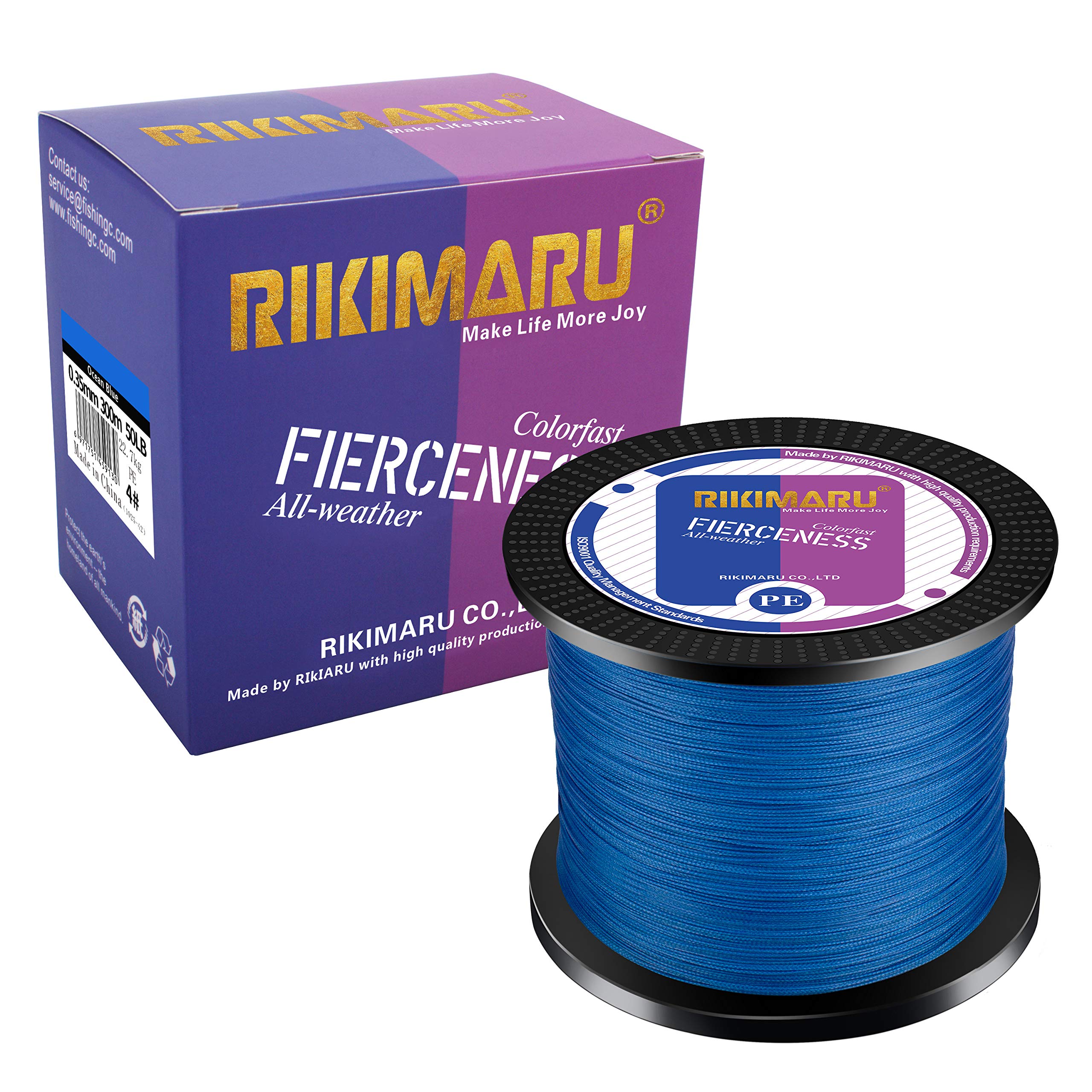 RIKIMARU braided line blue spool closeup — vivid color aids visibility and abrasion resistance.