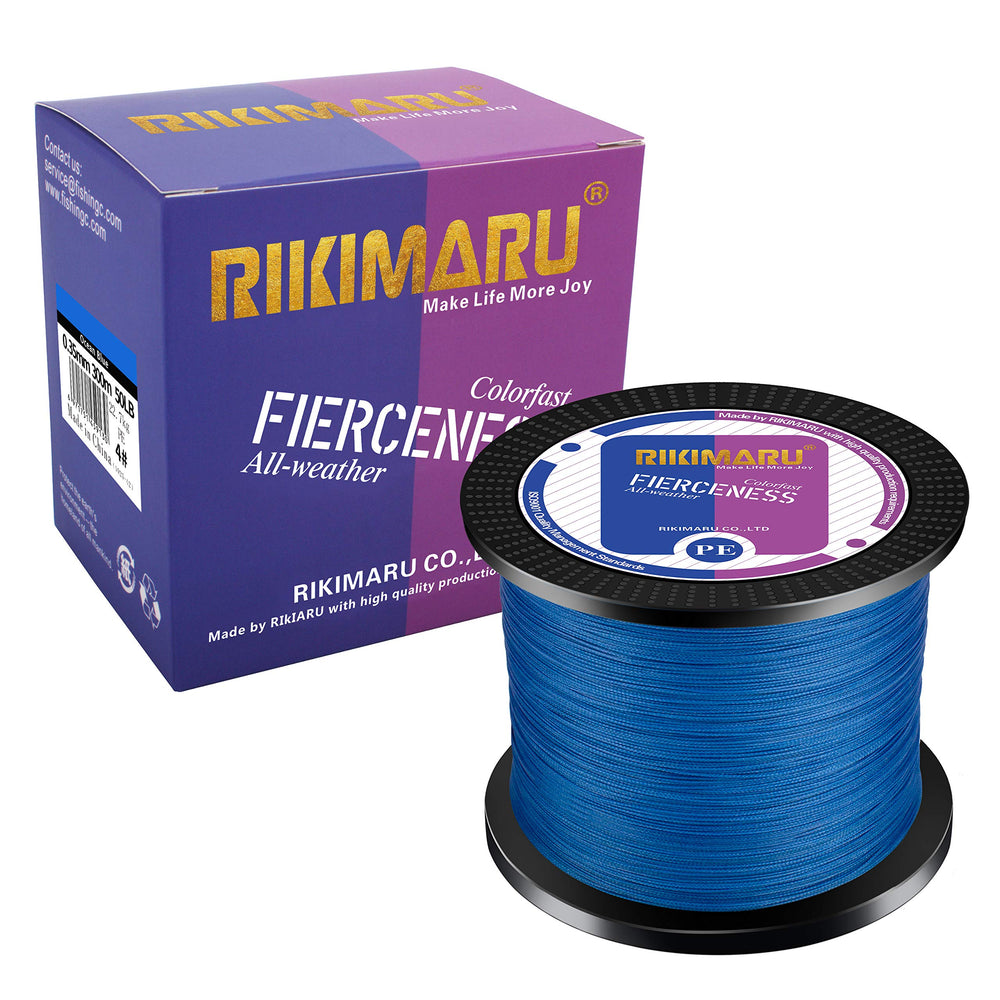 RIKIMARU braided line blue spool closeup — vivid color aids visibility and abrasion resistance.