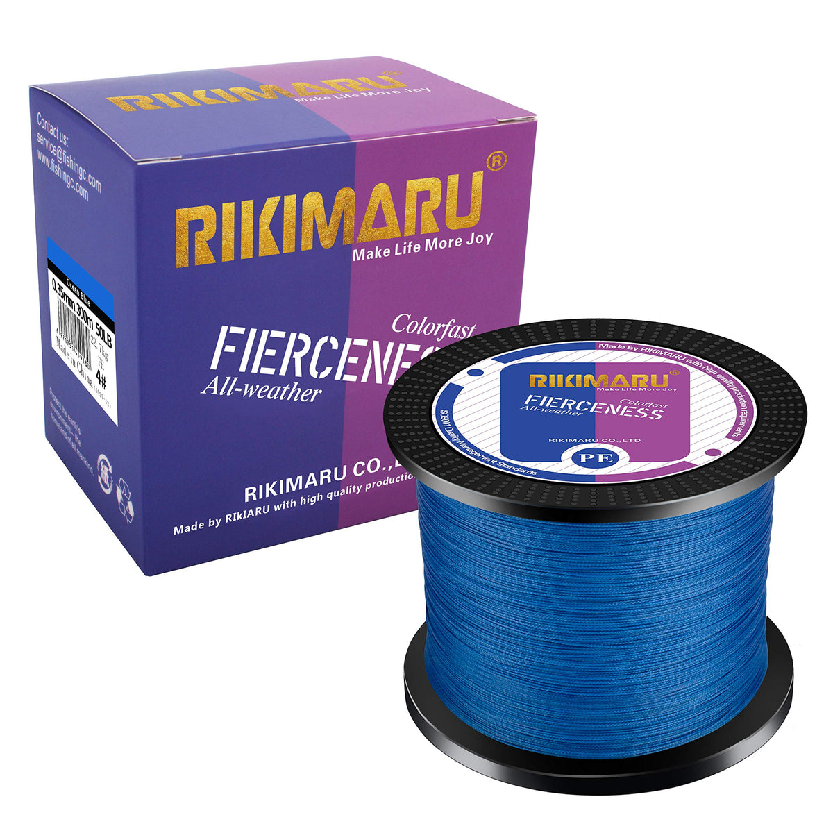 RIKIMARU braided line blue spool closeup — vivid color aids visibility and abrasion resistance.