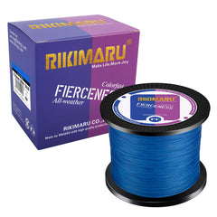 RIKIMARU braided line blue spool closeup — vivid color aids visibility and abrasion resistance.