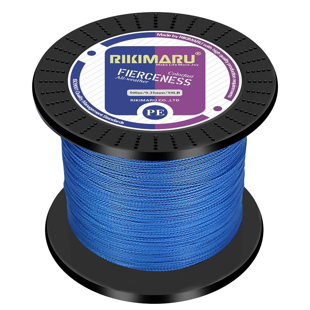 RIKIMARU braided line blue spool view shows abrasion resistance for harsh conditions.