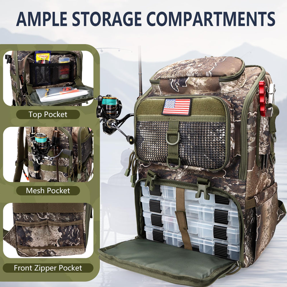 Rillrun Fishing Backpack interior showing 42L capacity and compartments