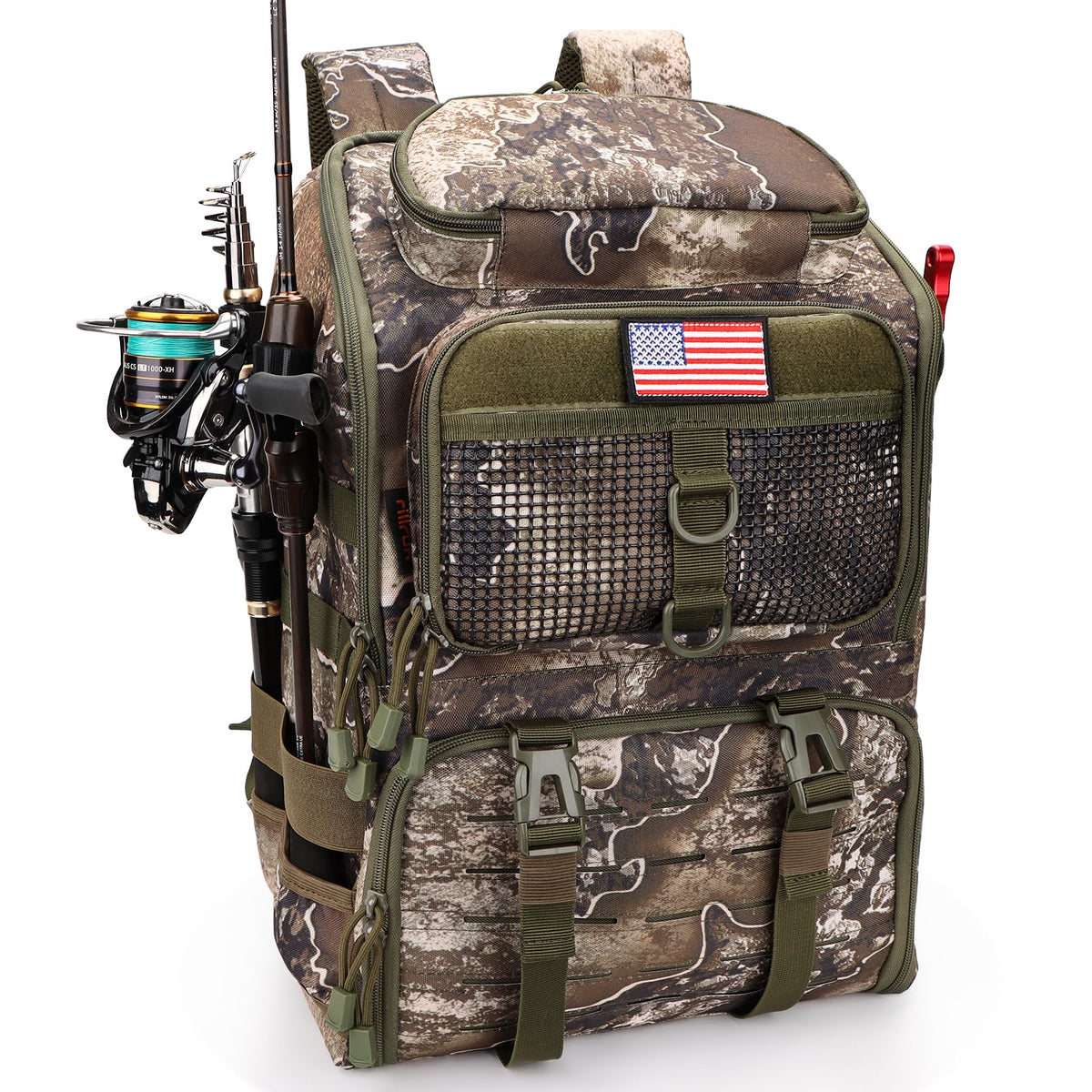 Front view of Rillrun Fishing Backpack with rod holders