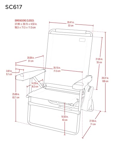 Rio Brands extra-wide armrests with cup holder, cell slot, and bottle opener for convenience