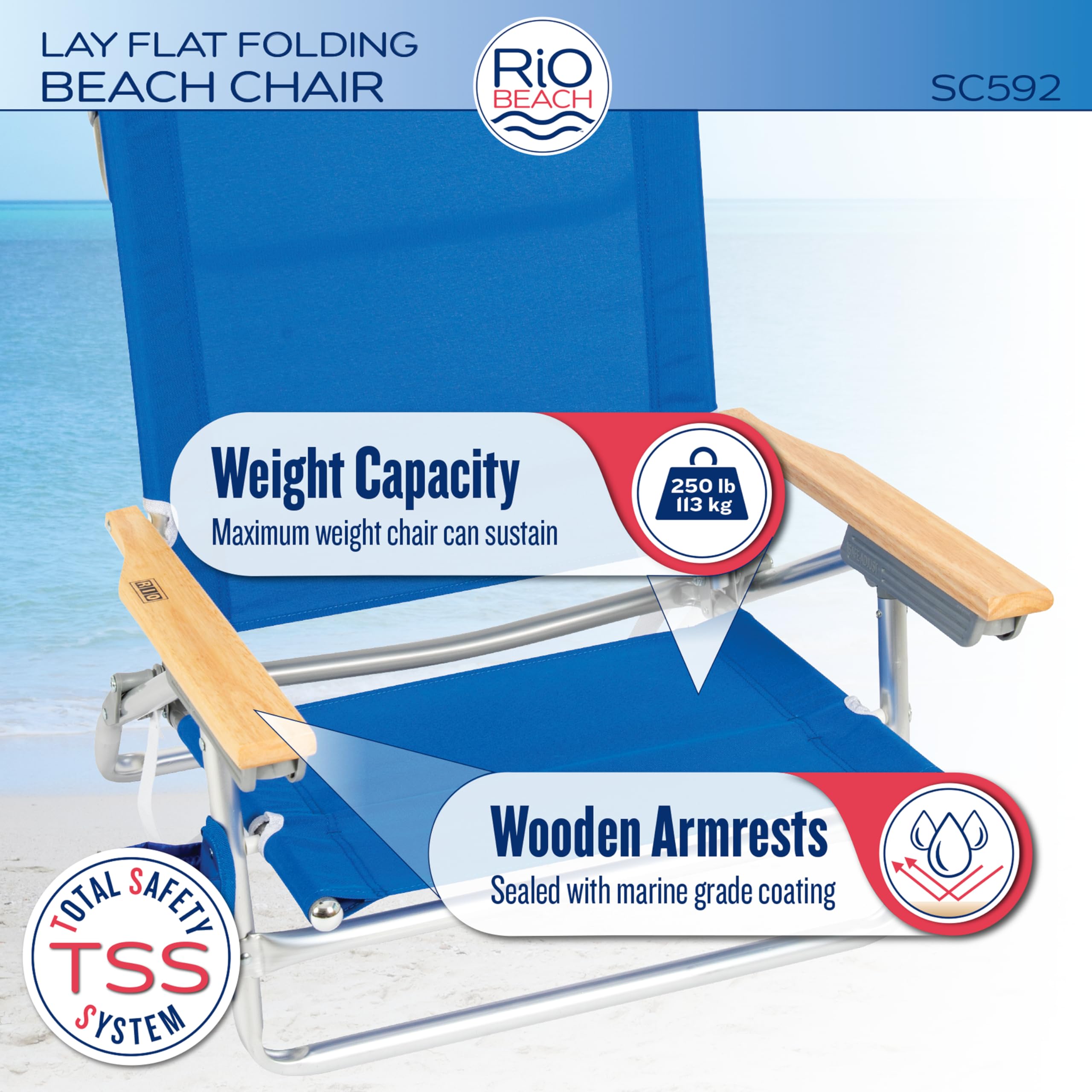 Rio Brands Classic Lay Flat chair sits 8 inches off ground for comfortable lounging.