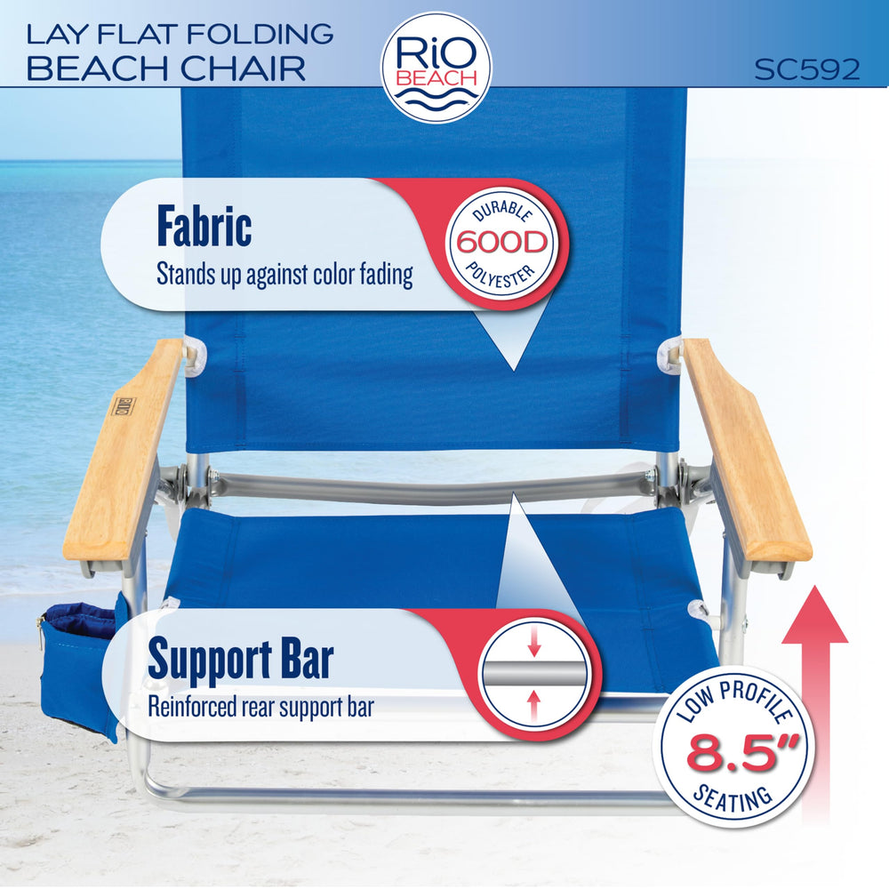 Rio Brands Classic Lay Flat chair features a built-in towel bar for damp towels.