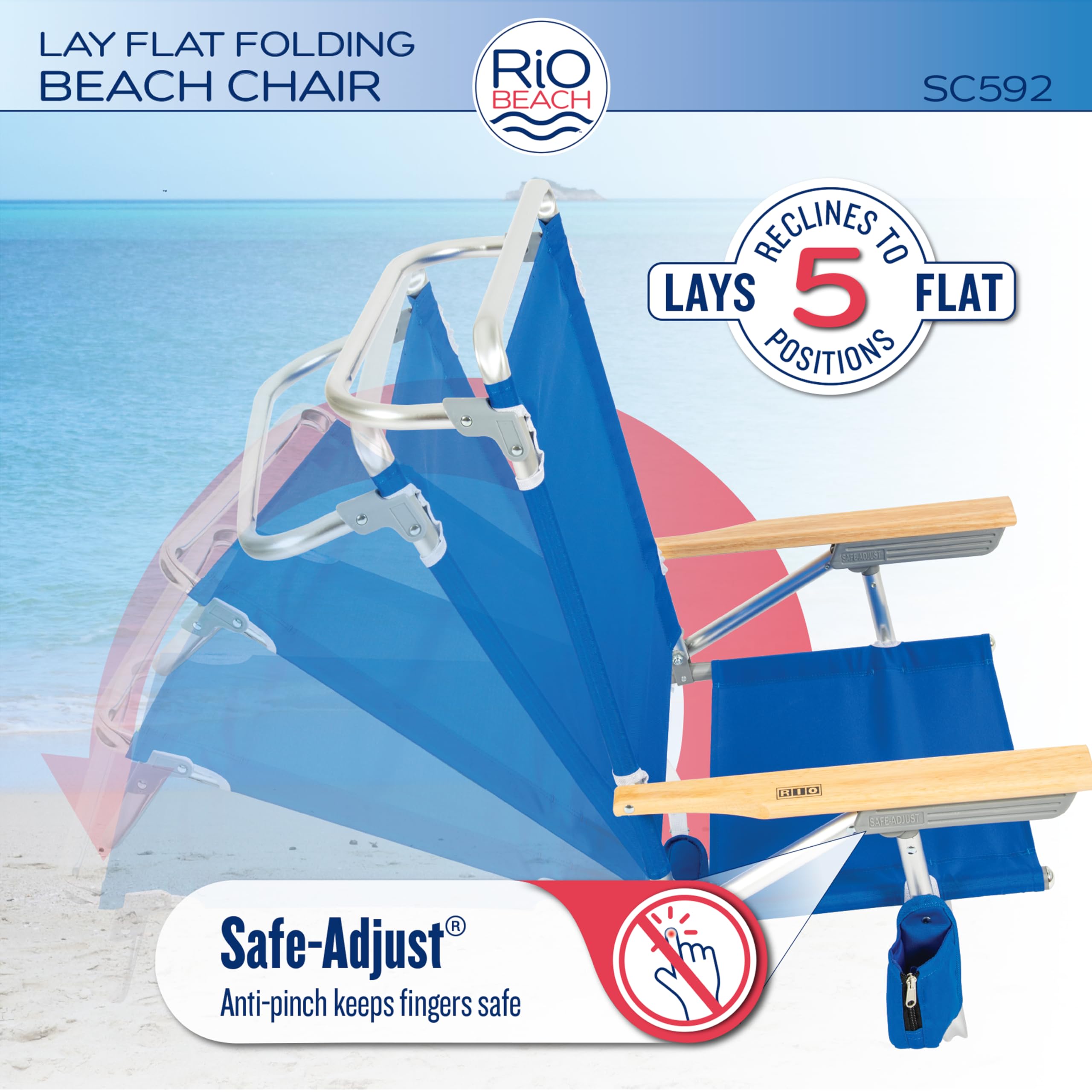 Rio Brands Classic Lay Flat chair with a padded adjustable shoulder strap eases transport.