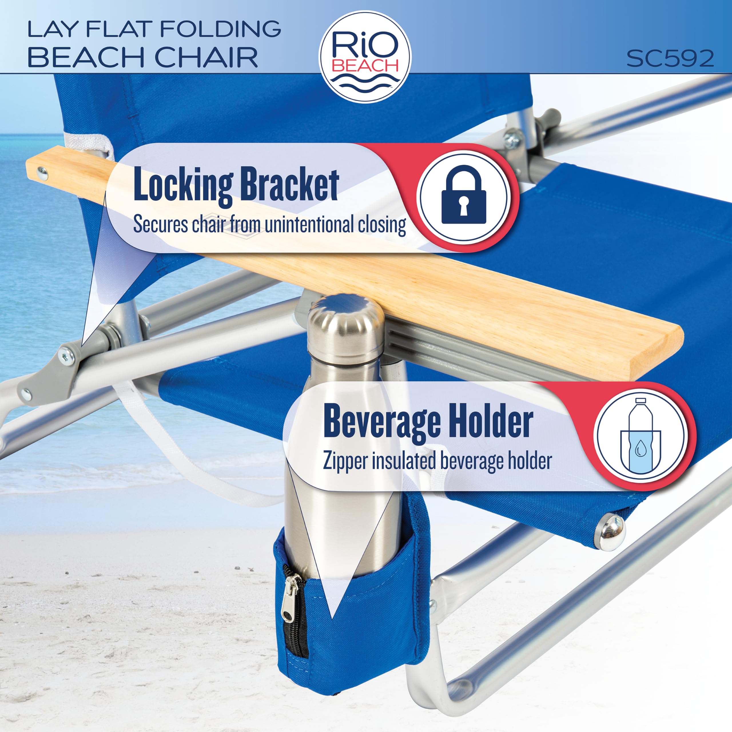 Rio Brands Classic Lay Flat chair's contoured wooden armrests resist wear.