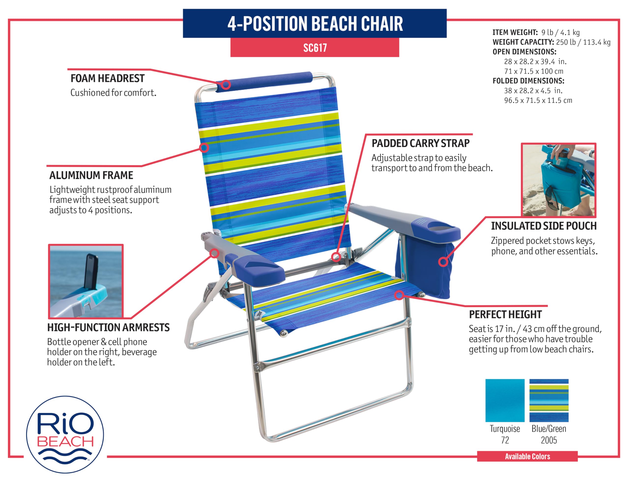 Rio Brands open dimensions 28W x 27.75D x 39.5H for roomy seating
