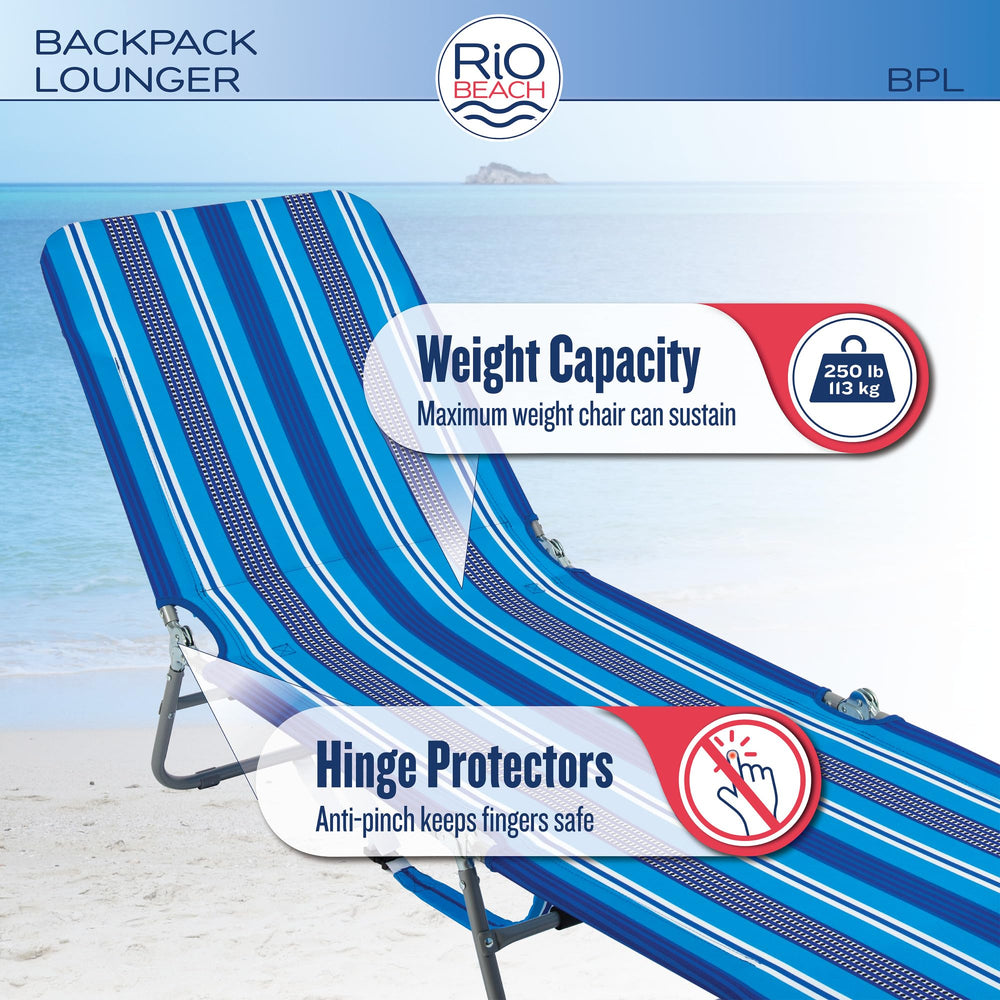 Rio Beach Lounger blue stripe with large storage pouch for towels and snacks
